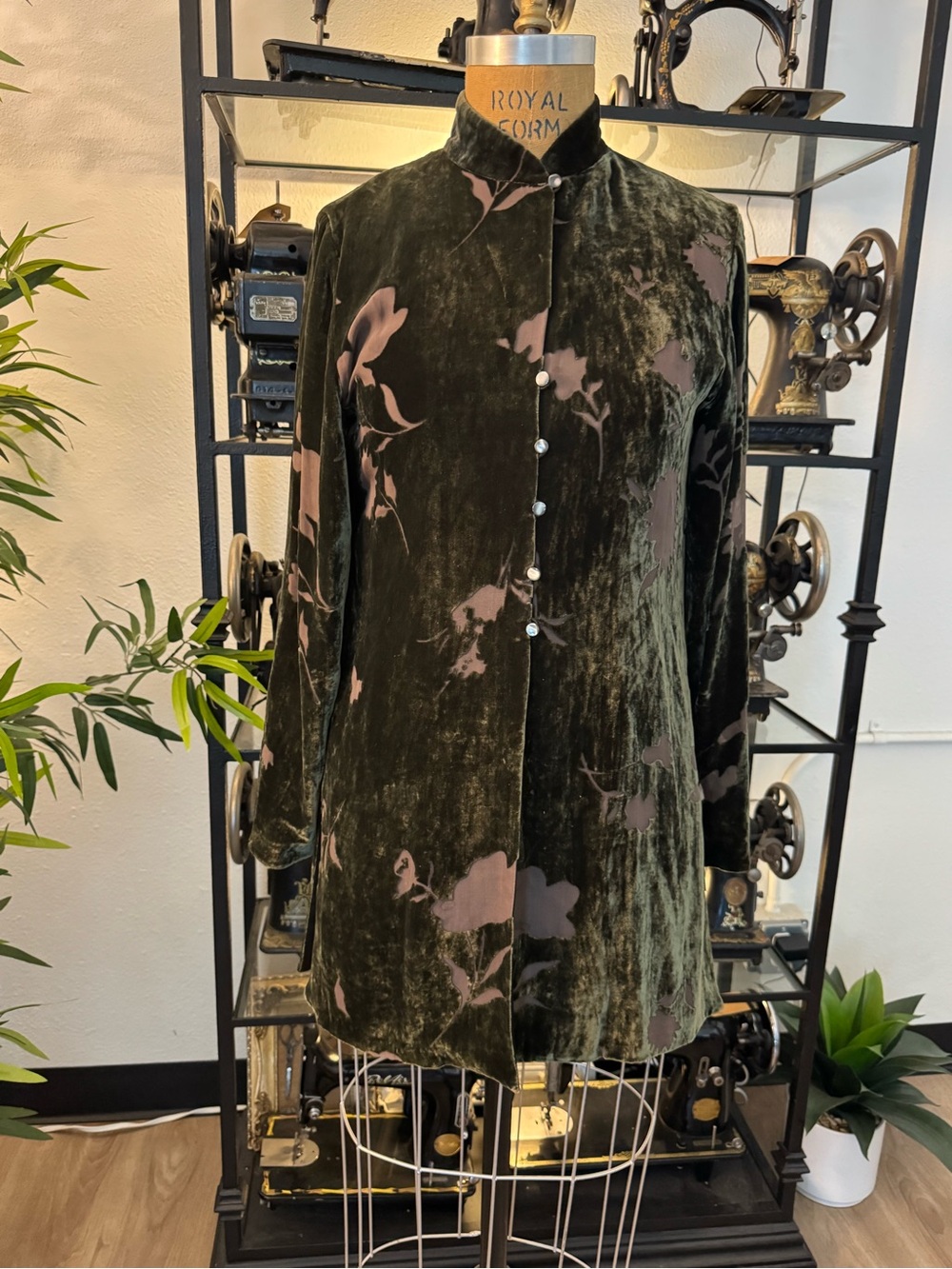 Worth Olive Green Velvet Floral Button-Up Tunic